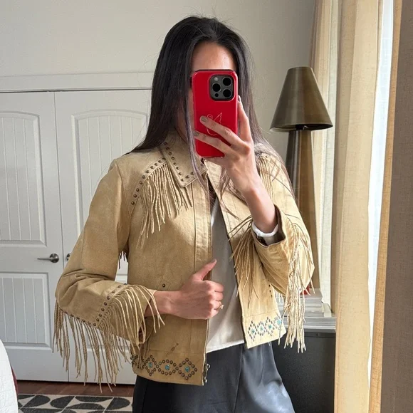 Scully Beige Fringe Leather Jacket with Turquoise Stud Accents - Picture 3 of 9